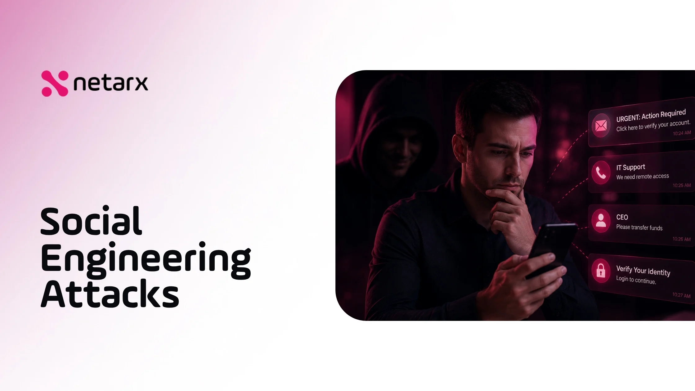 Man on smartphone targeted by multiple social engineering attacks, phishing email, vishing call, CEO fraud, and fake identity verification, with hooded hacker silhouette behind him
