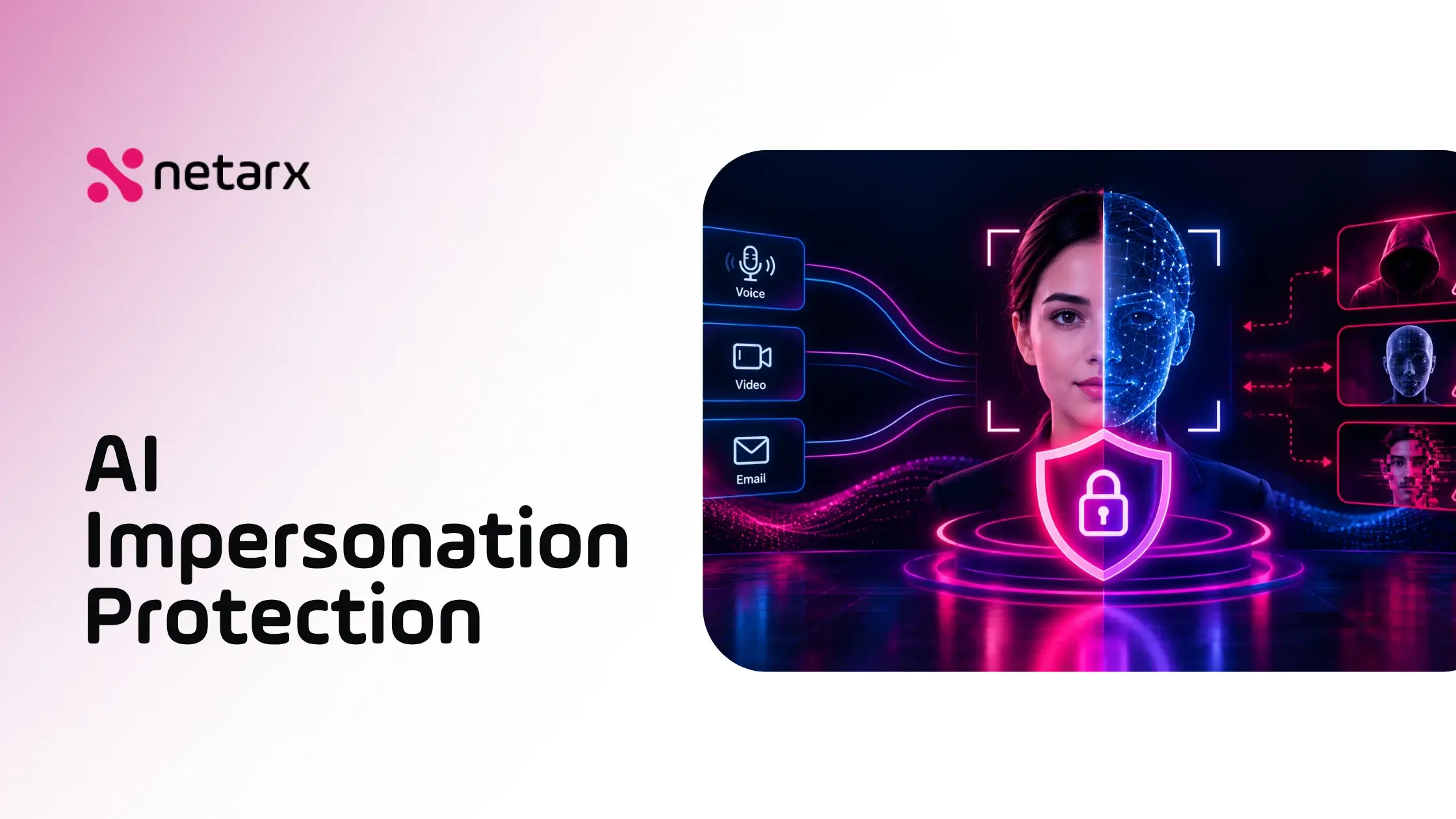 AI impersonation protection by Netarx: a face split between real and AI-generated, shielded across voice, video and email