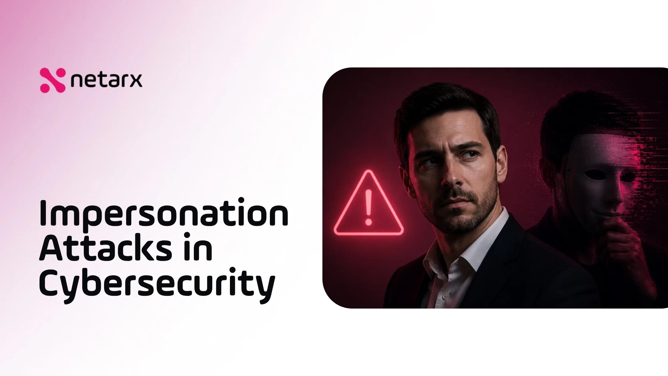 Businessman shadowed by a masked deepfake double with a red warning alert, illustrating impersonation attacks in cybersecurity